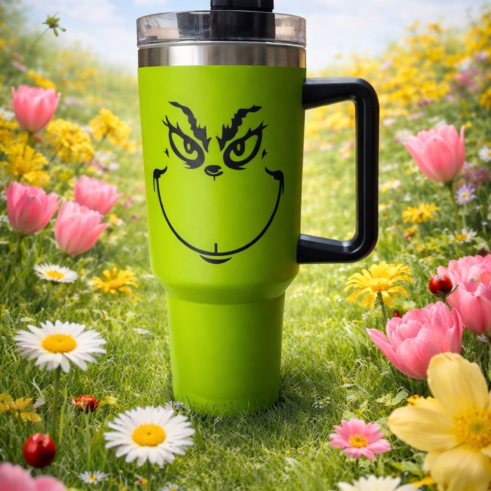 Green Grinch Face Travel Tumbler with Handle
